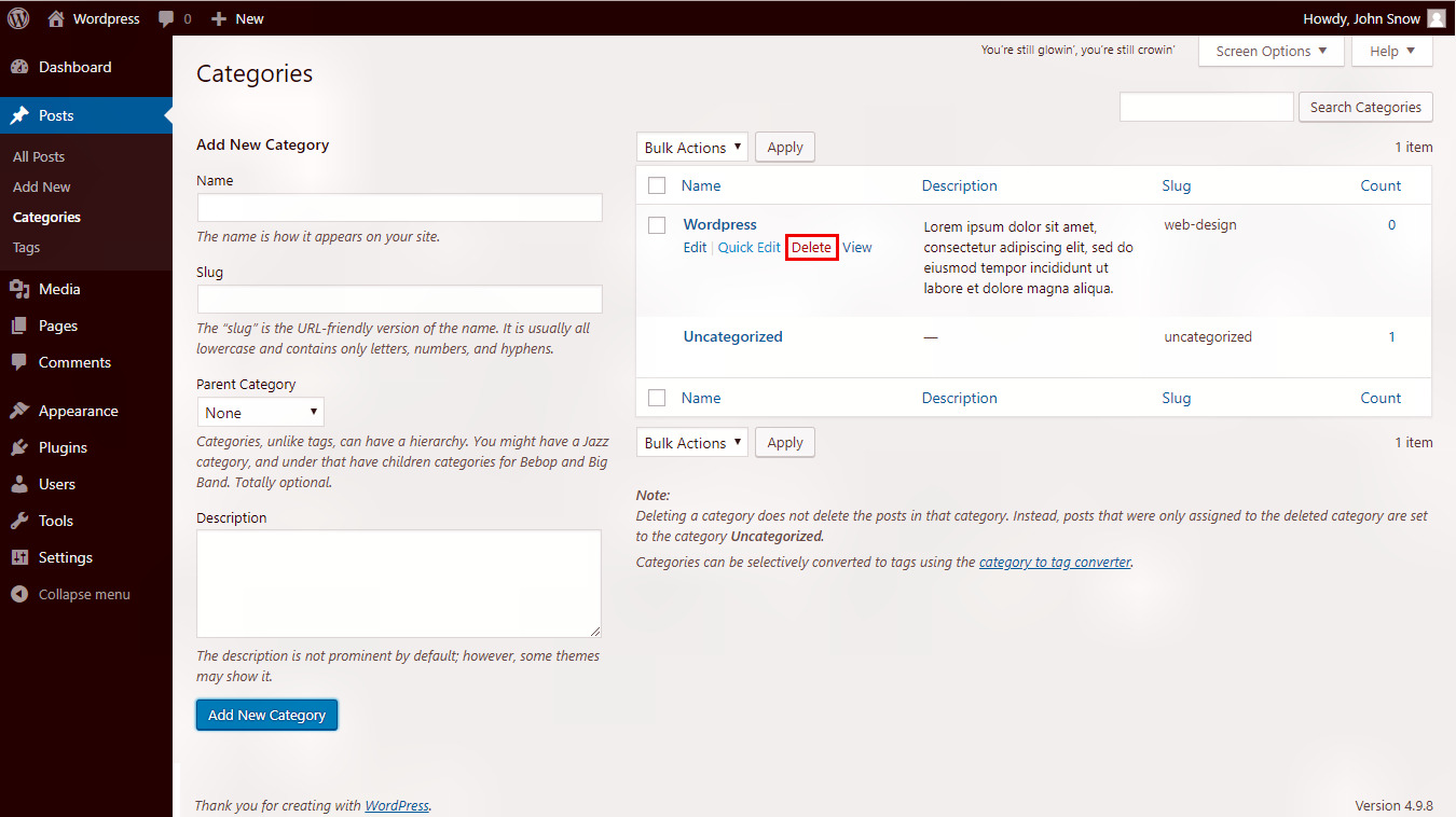 Wordpress delete categories