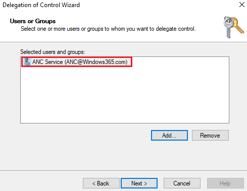 Add ANC user account under Delegation control