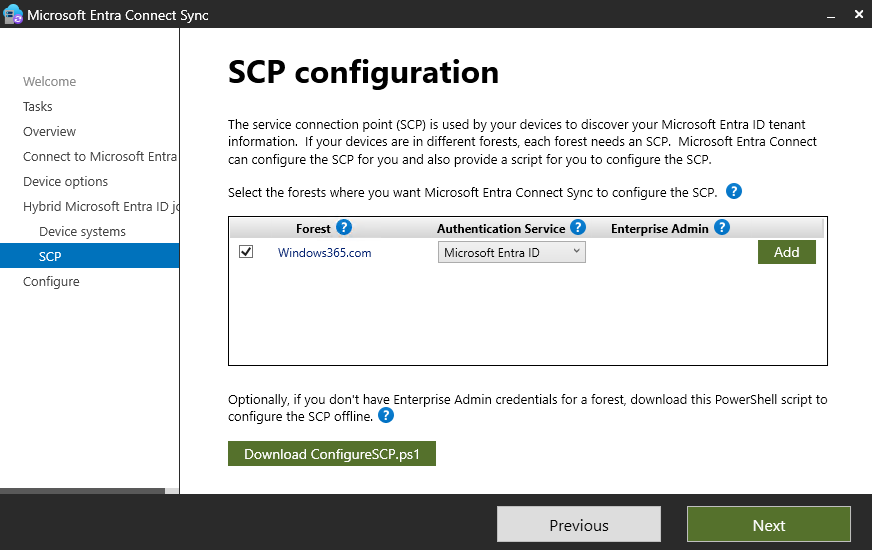 Azure AD Connect Configure SCP Configrations