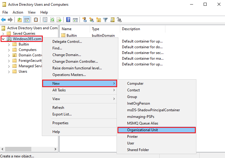 Create OU in Active Directory Server