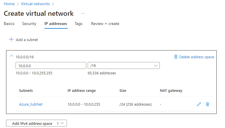 Create Subnet under Virtual Network