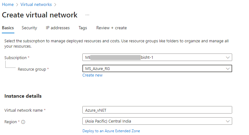 Create Virtual Network in Azure