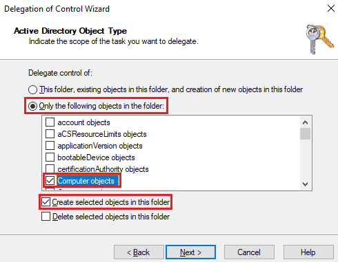 Delegation control Create seleted objects in this folder