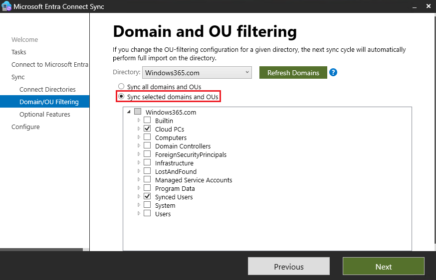 Microsoft Enter Connect Domain & OU Filtering
