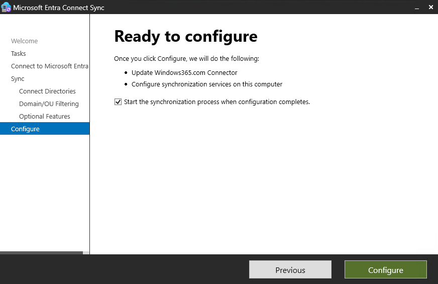 Microsoft Enter Connect Sync Configuration