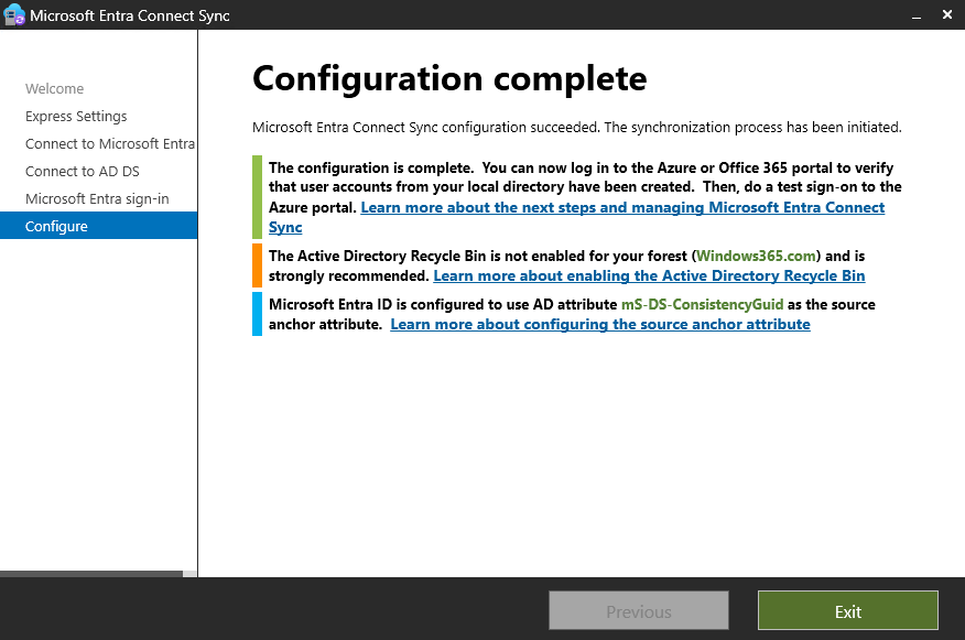 Microsoft Entra Connect Sync Configuration complete