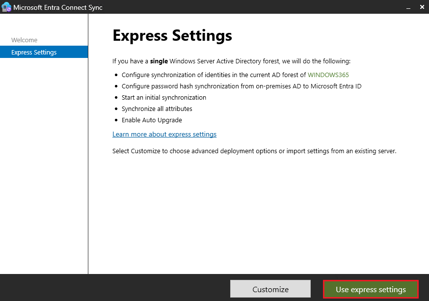 Microsoft Entra Connect Sync Use express settings