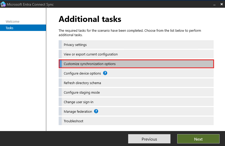 Microsoft Entra Connect customize synchronization options