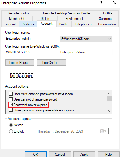 User password never expire