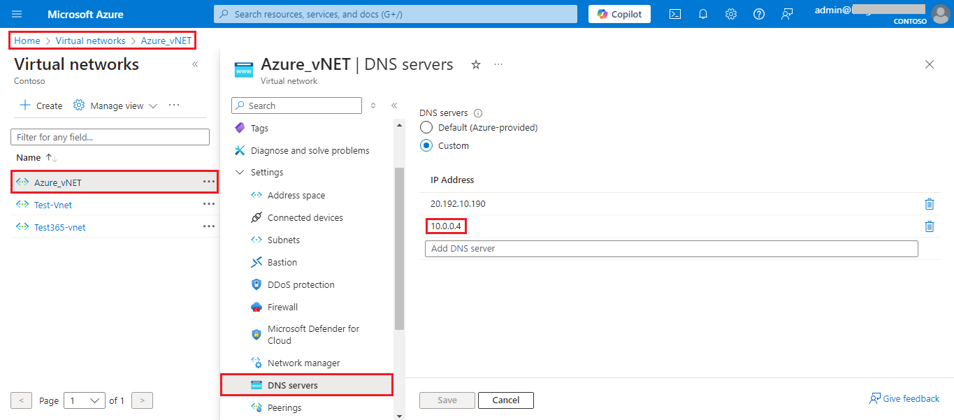 Add DC IP to VNet DNS Server record