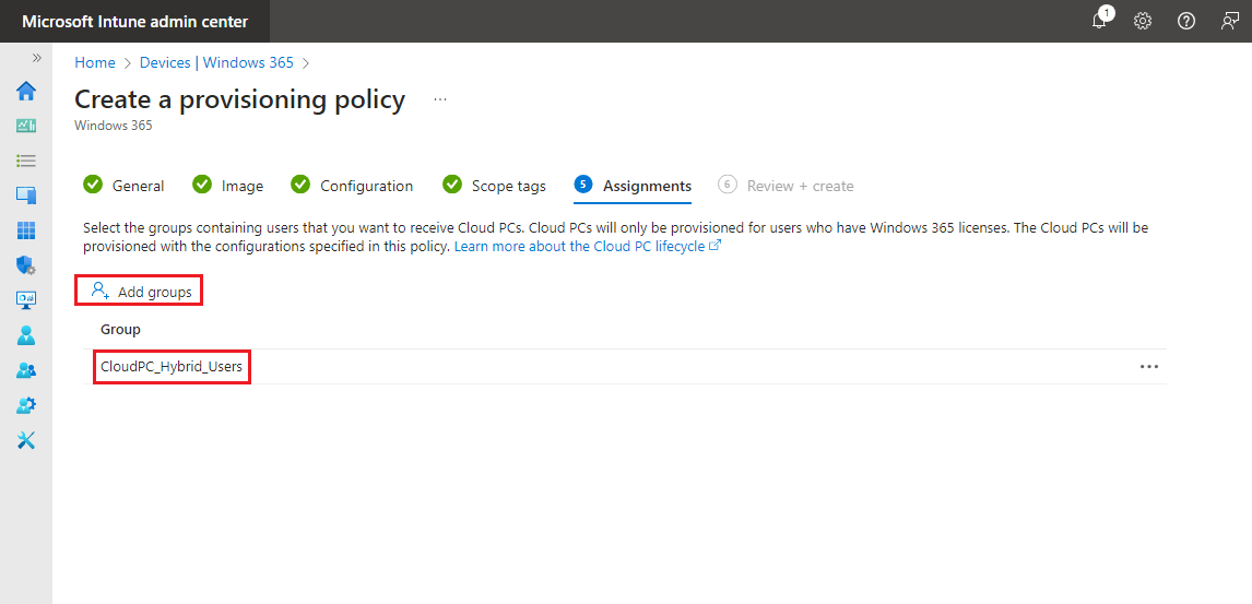 Add Users in Group in Windows 365 Provisioning policy
