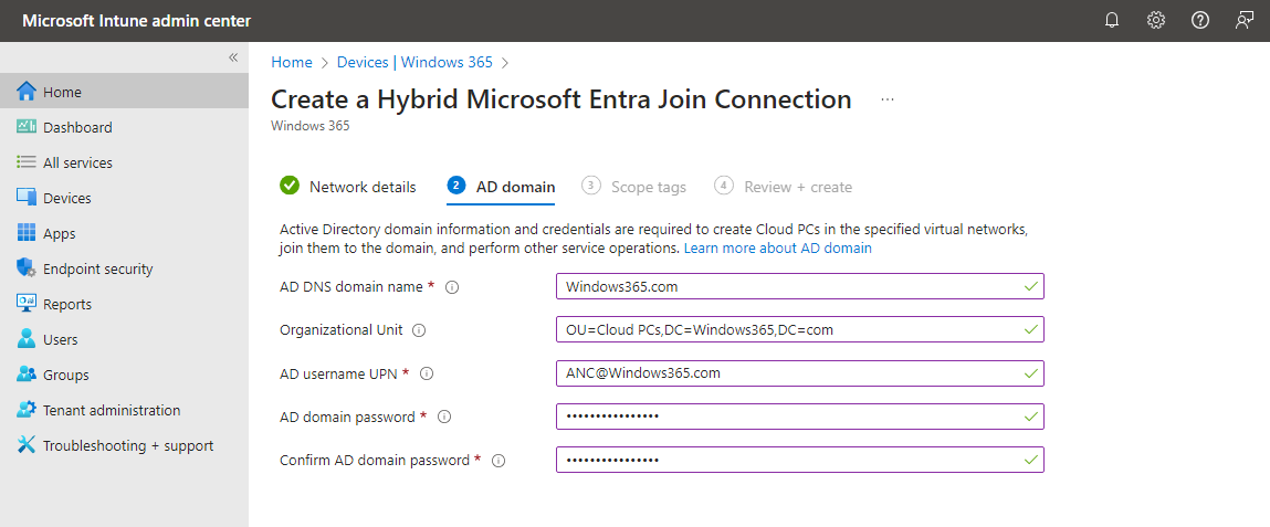 Add domain under Hybrid Entra join connection inside ANC