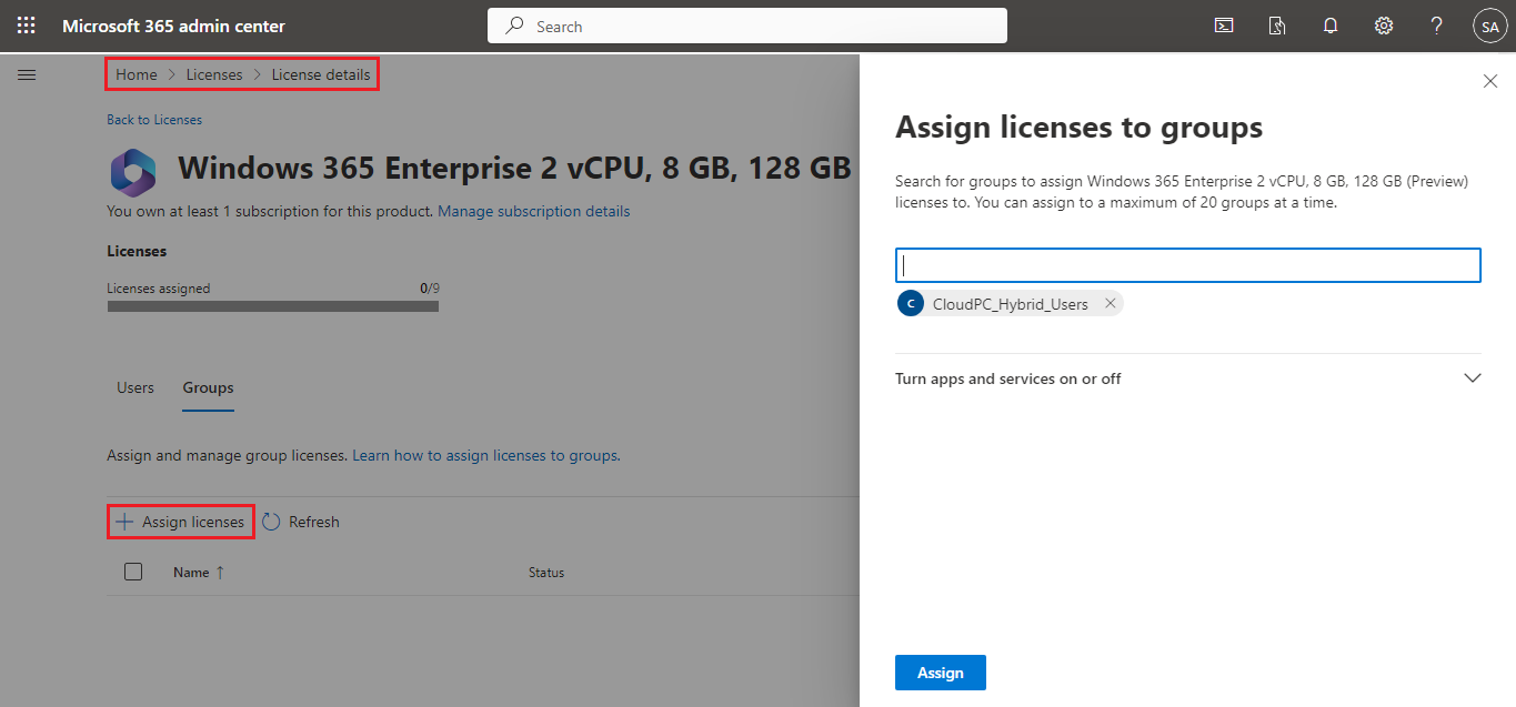 Assign Licenses in Windows 365 Cloud PC
