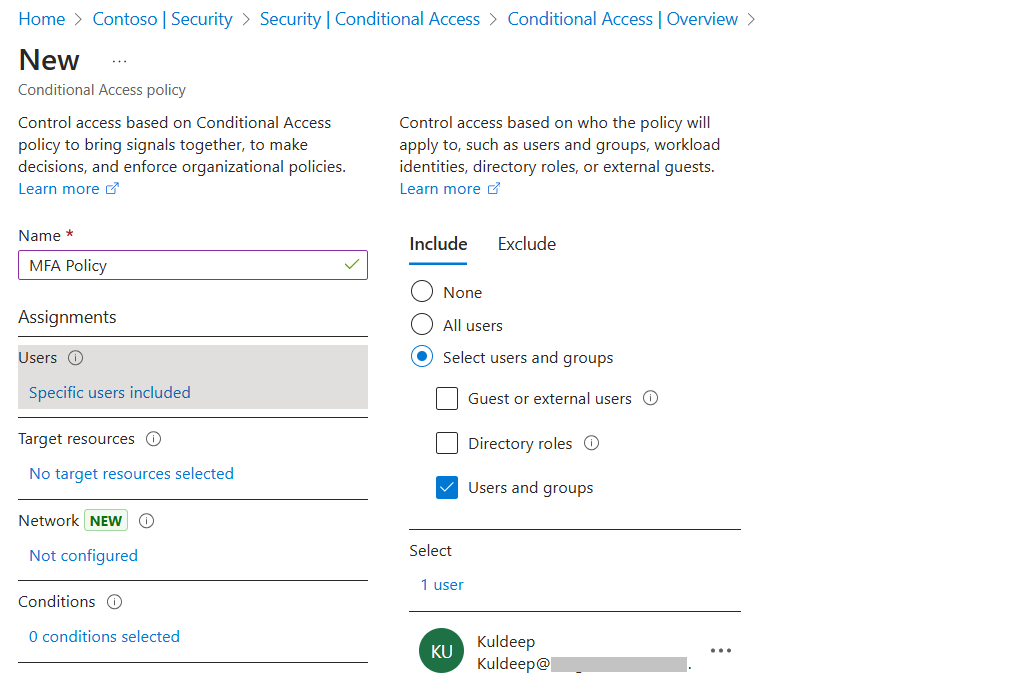 MFA enable for specific user and group