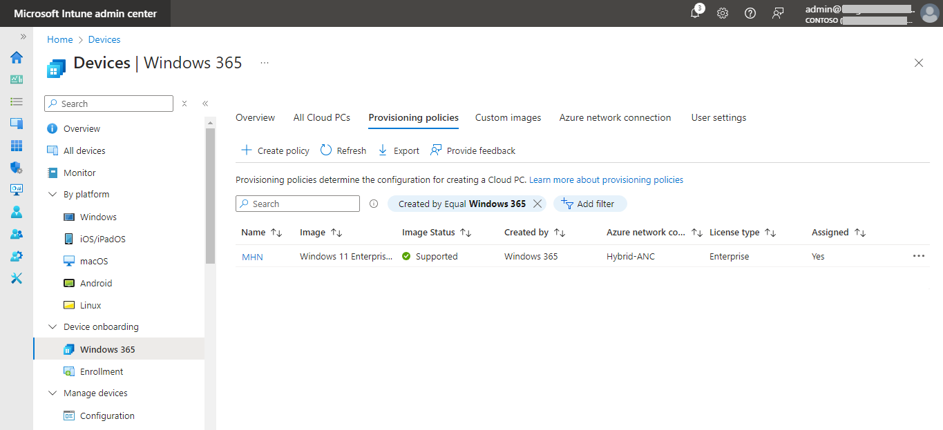 Windows 365 Provisioning policy created successfully